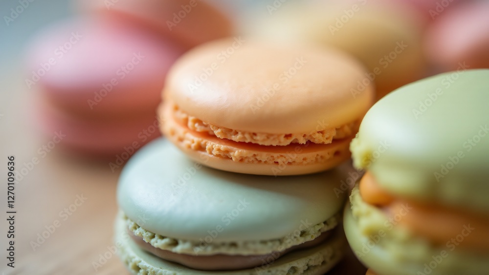 Fototapeta premium A close-up of a macaron's soft, fluffy texture with smooth shell. Lighting highlights its delicate and colorful texture.