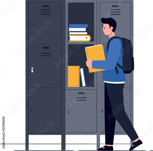 Student accessing locker with books in flat vector illustration