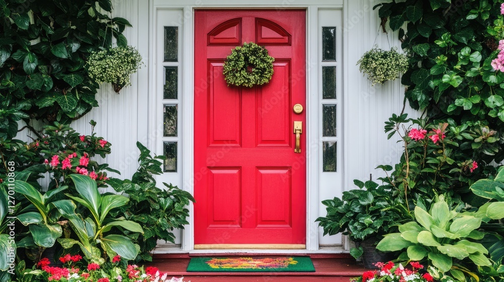 A charming entrance with a bright red door, a colorful doormat, and lush green plants on both sides A charming entrance with a bright red door, a colorful doormat, and lush green plants on both sides