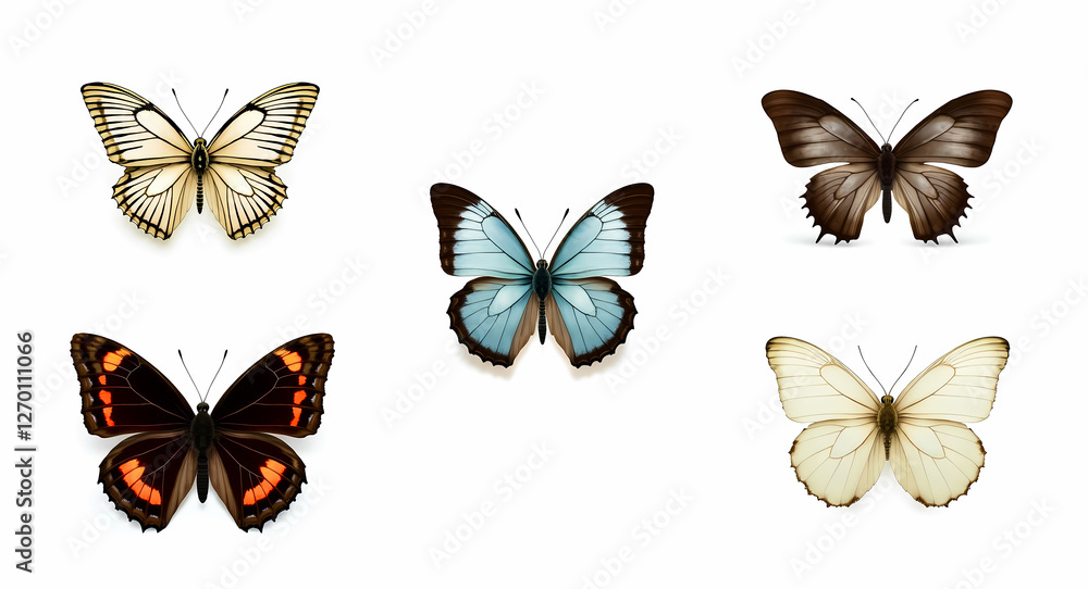 five diverse butterflies with various colors and displayed against a white background five diverse butterflies with various colors and displayed against a white background