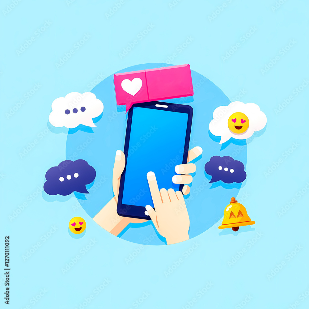 hands holding smartphone with notifications and emoticons on a light blue background hands holding smartphone with notifications and emoticons on a light blue background