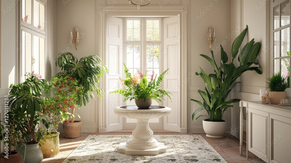 A clutter-free entryway with a decorative table fountain, vibrant plants, and a harmonious design A clutter-free entryway with a decorative table fountain, vibrant plants, and a harmonious design