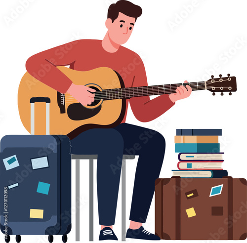 Guitar player sitting with luggage and books in flat vector art