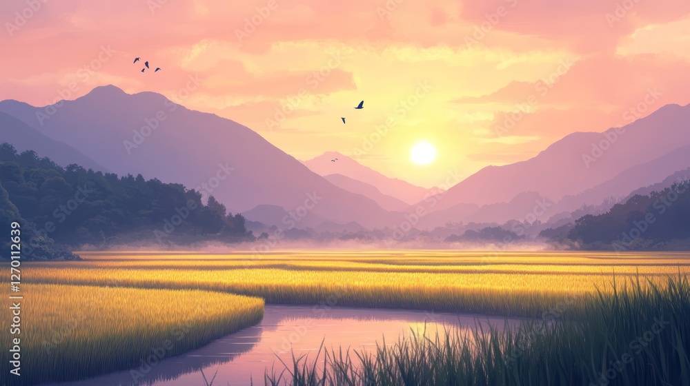 Fototapeta premium Serene Sunset Over Golden Rice Fields and Misty Mountains Landscape
