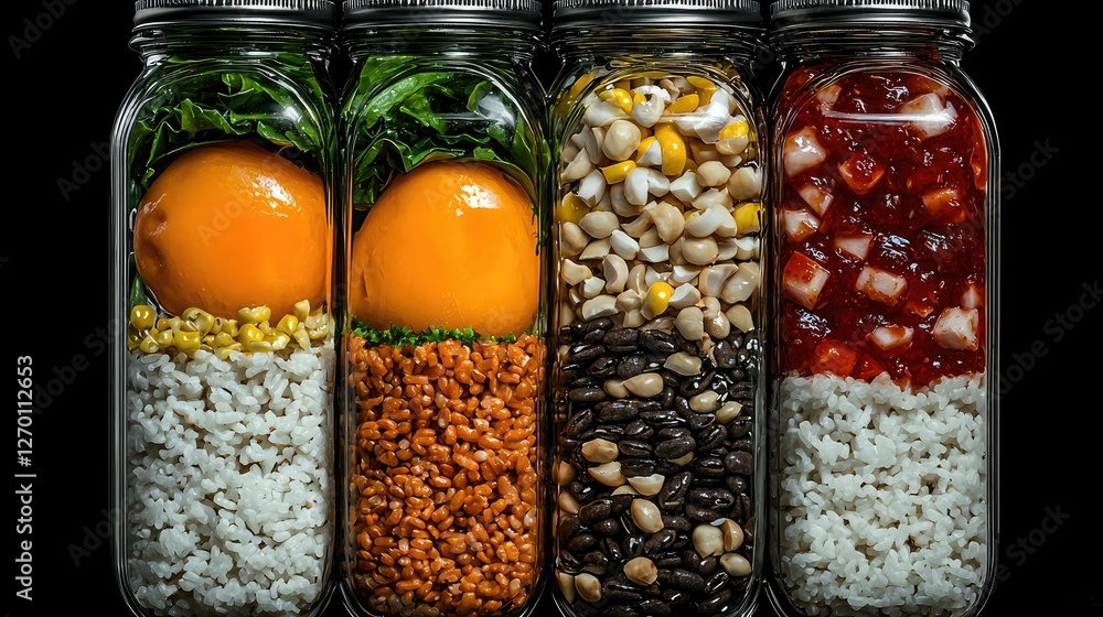 Layered food ingredients in glass jars, studio shot Layered food ingredients in glass jars, studio shot