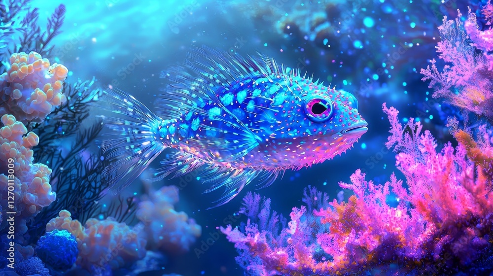 Spotted pufferfish with holographic scales, glowing corals reflecting soft blue light, dreamy underwater scene, futuristic aquatic theme, photorealistic Spotted pufferfish with holographic scales, glowing corals reflecting soft blue light, dreamy underwater scene, futuristic aquatic theme, photorealistic