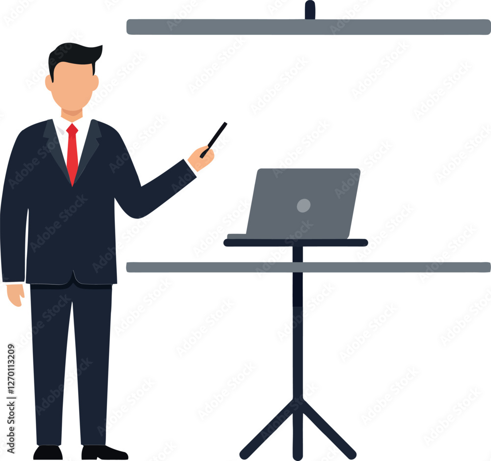 Businessman presenting data with laptop in minimal flat vector art Businessman presenting data with laptop in minimal flat vector art