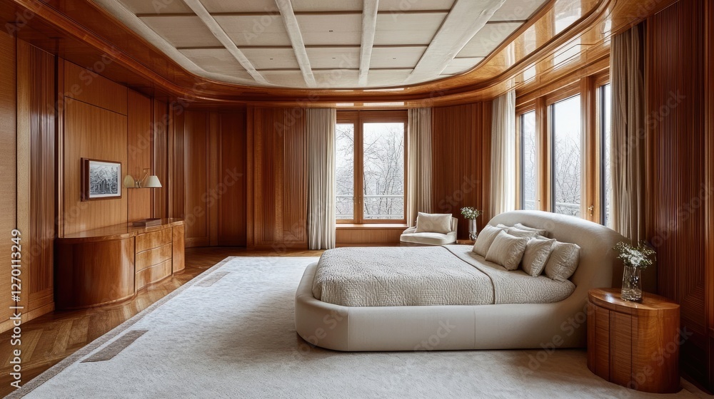 A minimalist bedroom with warm wooden tones, plush bedding, and rounded furniture for harmony A minimalist bedroom with warm wooden tones, plush bedding, and rounded furniture for harmony