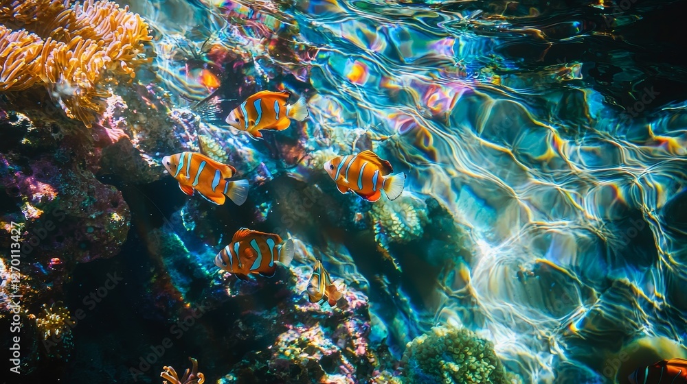 Fototapeta premium A school of mandarinfish gracefully exploring colorful coral structures, shadows and reflections playing on their bright, exotic scales