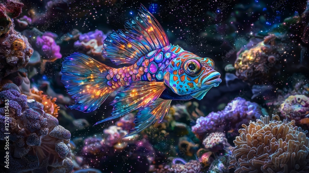Mandarinfish in a cosmic marine environment, surrounded by floating, luminous coral in a galaxy-like water setting, psychedelic, fantasy art Mandarinfish in a cosmic marine environment, surrounded by floating, luminous coral in a galaxy-like water setting, psychedelic, fantasy art