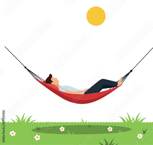 Relaxing person in a hammock under the sun flat vector art