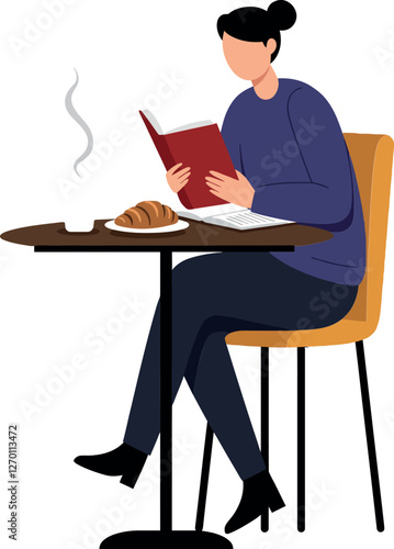 Woman reading book at café with coffee and croissant flat vector art