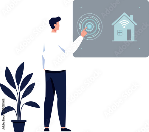 Person interacting with smart home display in flat vector art