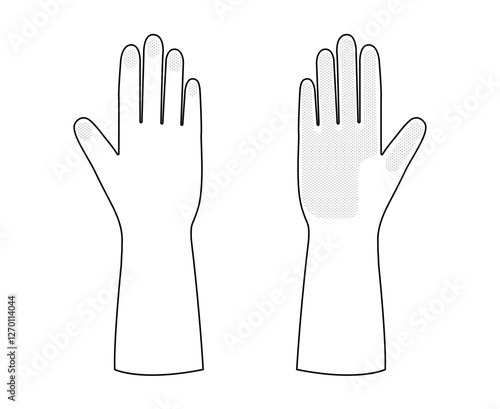 Rubber cleaning protective Gloves Fashion hand accessory clothing technical illustration garment. Dish wash Vector front palm back view for Men, women style flat template CAD mockup isolated on white