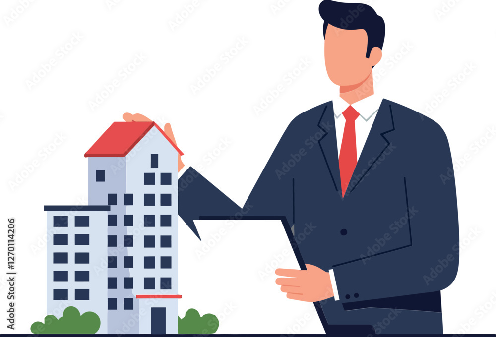 Businessman presenting building model in minimal flat vector art Businessman presenting building model in minimal flat vector art