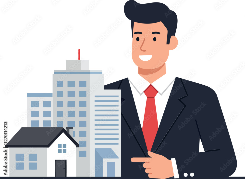 Businessman presenting buildings in minimal flat design vector illustration Businessman presenting buildings in minimal flat design vector illustration