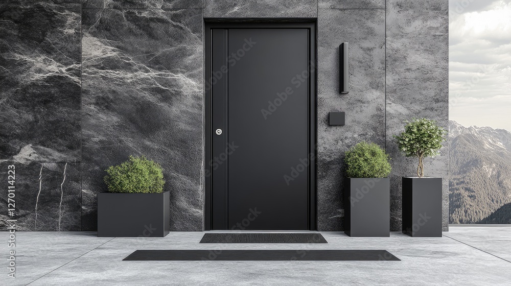 A modern minimalist entrance with a clean black door, geometric planter boxes, and a sleek doormat A modern minimalist entrance with a clean black door, geometric planter boxes, and a sleek doormat