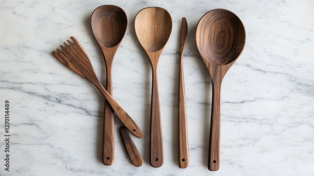 Elegant Walnut Wood Cooking Utensils on Marble Elegant Walnut Wood Cooking Utensils on Marble