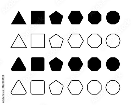 Set of simple geometric forms with sharp and rounded corners. Triangle, square or squircle, pentagon, hexagon and octagon shapes isolated on white background. Vector graphic illustration.