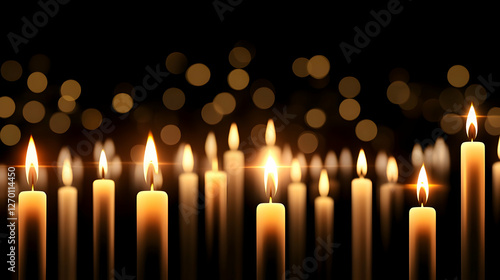 Lit candles glow in dark; bokeh background; remembrance