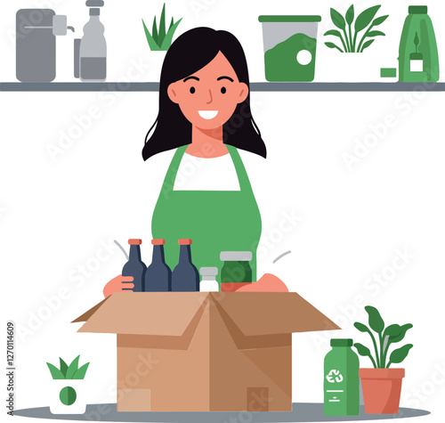 Woman unpacking eco-friendly products in modern flat vector art