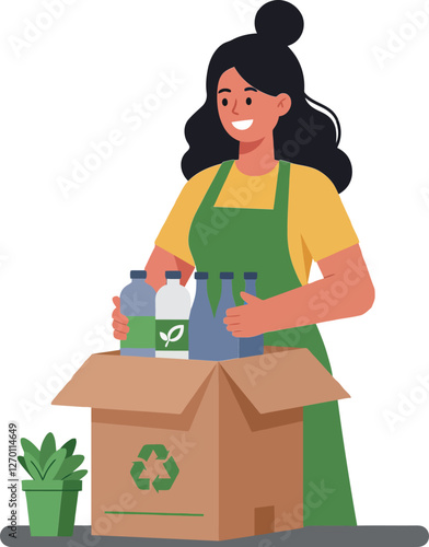Woman organizing recyclable materials in a flat vector art style