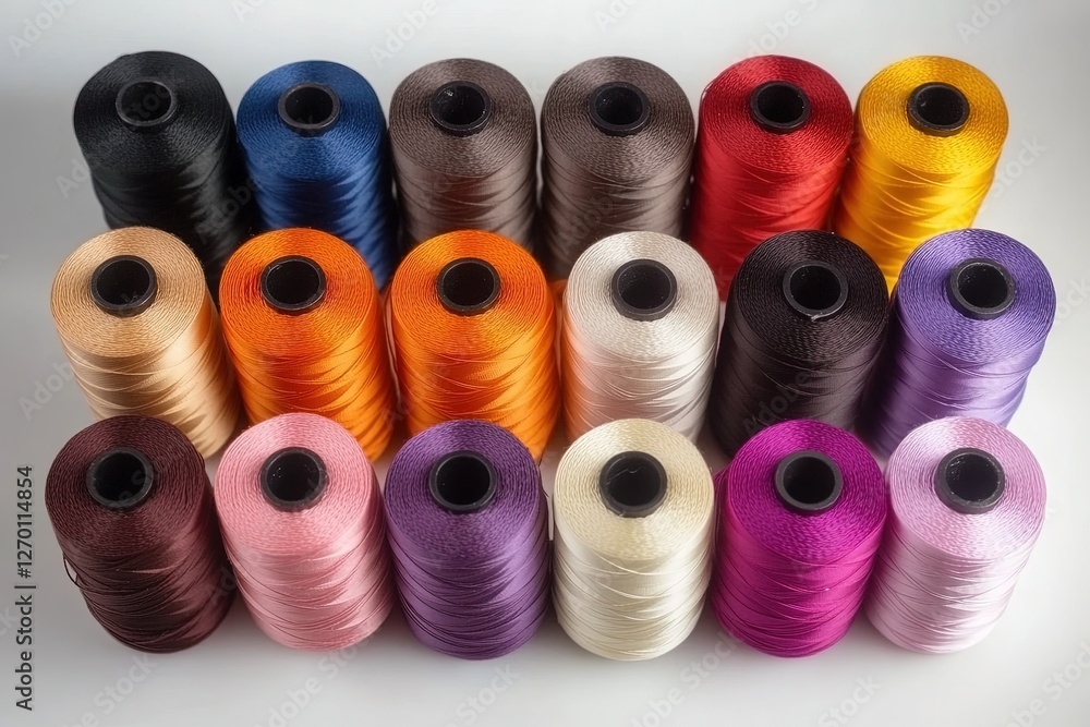 Different spools of sewing threads on table top view Different spools of sewing threads on table top view