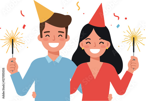 Happy couple celebrating with sparklers in flat vector art
