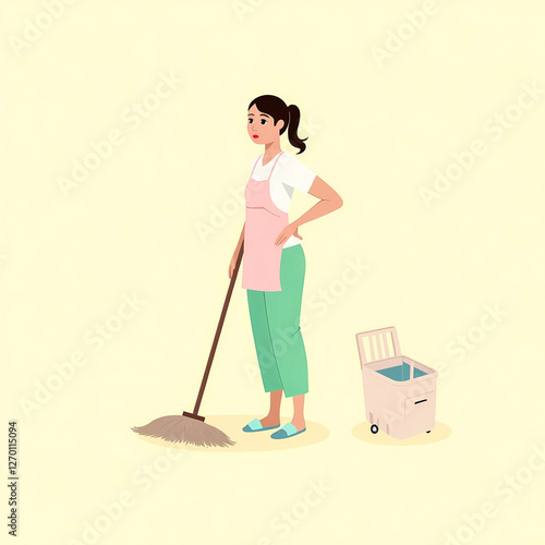 woman in a pink apron sweeps the floor showcasing a domestic scene photo