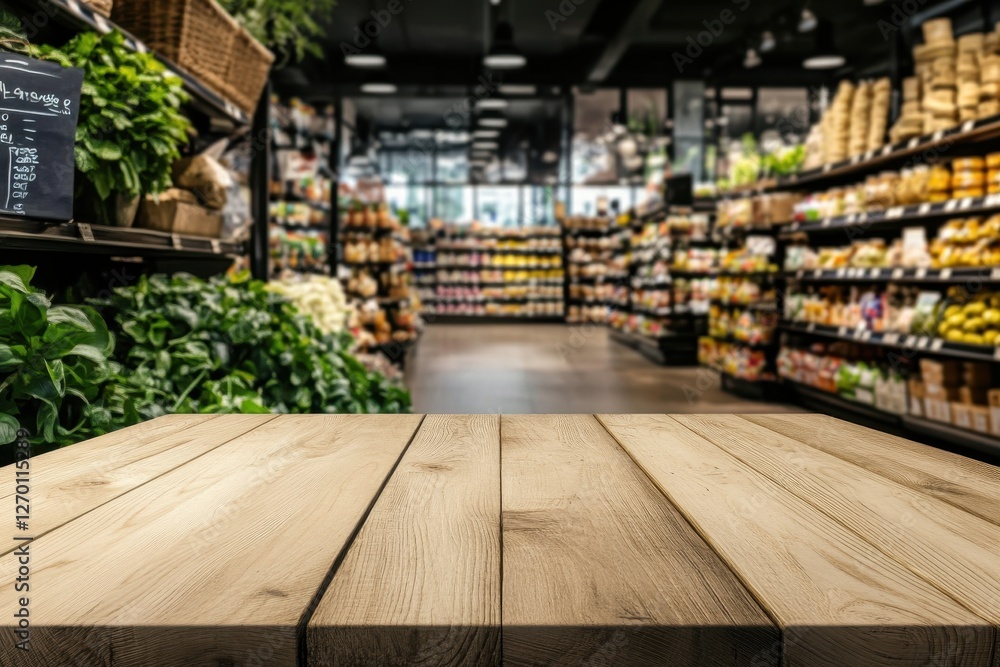 Fresh Produce Display in Modern Grocery Store with Wooden Tabletop in Foreground Fresh Produce Display in Modern Grocery Store with Wooden Tabletop in Foreground