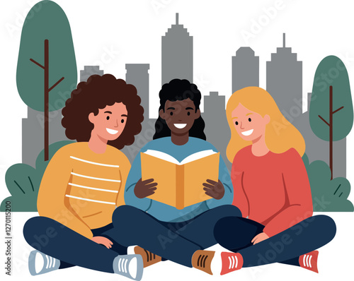 Three friends enjoying reading together in a flat vector illustration