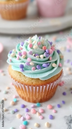 Delightful Pastel Cupcake with Rainbow Sprinkles photo