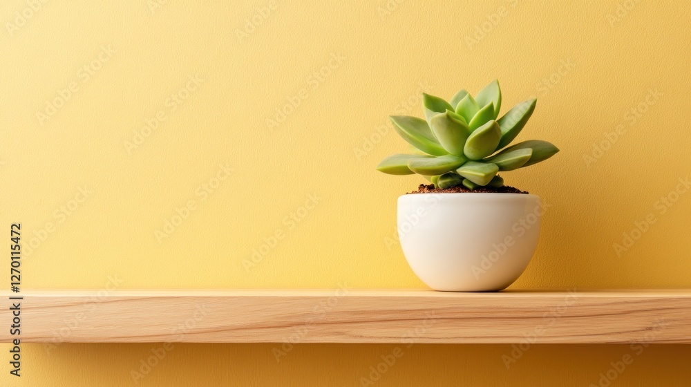 Succulent on Wooden Shelf Against Yellow Wall Succulent on Wooden Shelf Against Yellow Wall