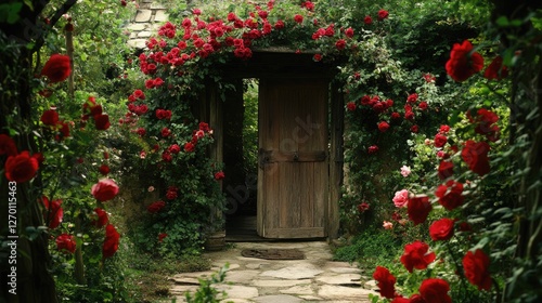 A scenic cottage entrance with a rustic wooden door, surrounded by climbing roses and a stone path