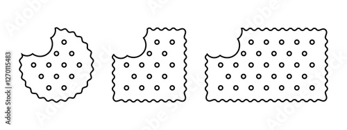 Set of bitten cracker icons. Sweet or salty biscuit cookies in round, square and rectangle shapes. Popular crunchy snacks isolated on white background. Vector outline illustration.