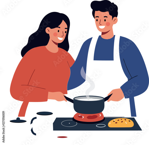 Couple Cooking Together in a Cozy Kitchen Flat Vector Art