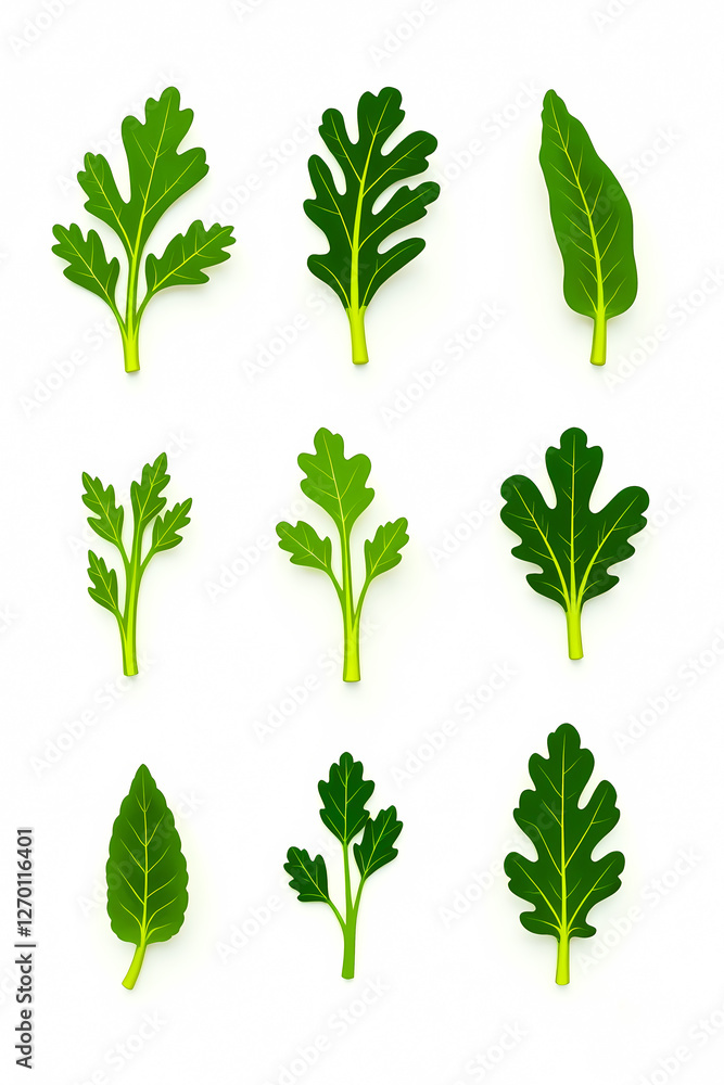 collection of nine various green leaves on white background collection of nine various green leaves on white background