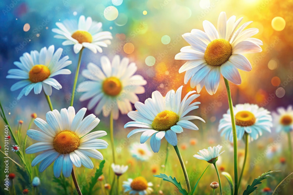 Serene field of blooming daisies captured in high-definition, showcasing watercolor-esque effects and depth of field. Serene field of blooming daisies captured in high-definition, showcasing watercolor-esque effects and depth of field.