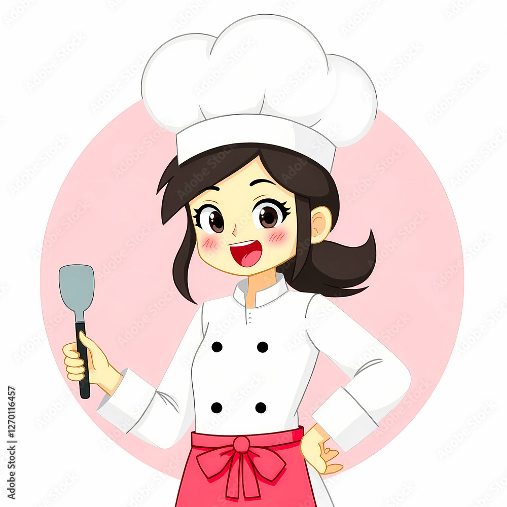 cheerful female chef in a white uniform and pink apron holds a spatula radiating positivity and culinary expertise. cheerful female chef in a white uniform and pink apron holds a spatula radiating positivity and culinary expertise.