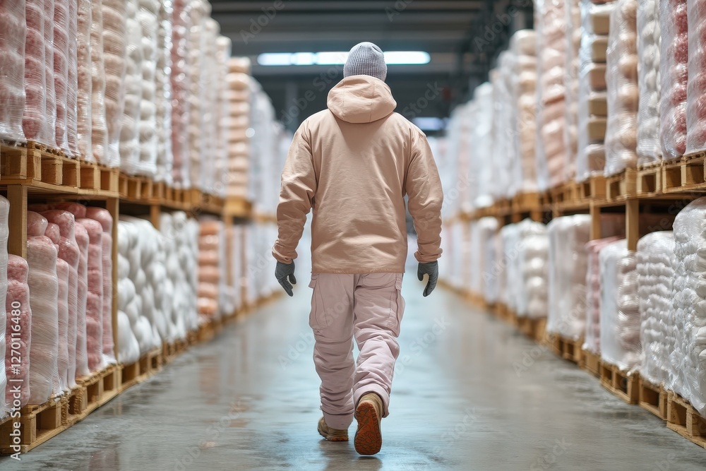 A worker walking through a cold storage warehouse, wearing thermal gear, surrounded by frozen goods A worker walking through a cold storage warehouse, wearing thermal gear, surrounded by frozen goods