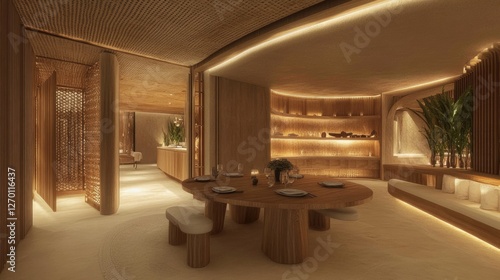 Wallpaper Mural A stylish dining area with a round wooden table, neutral decor, and soft lighting for a peaceful ambiance Torontodigital.ca