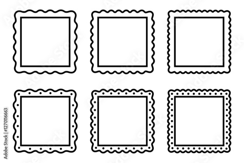 Set of square frames with wavy edges. Vignettes for picture, photo or mirror with wiggly borders. Empty boxes, tags, stamps or labels. Vector graphic illustration.