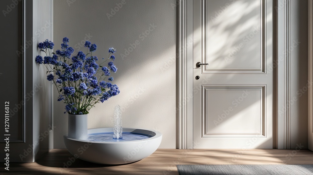 Fototapeta premium A thoughtfully designed entryway with a small decorative fountain, fresh flowers, and neutral decor