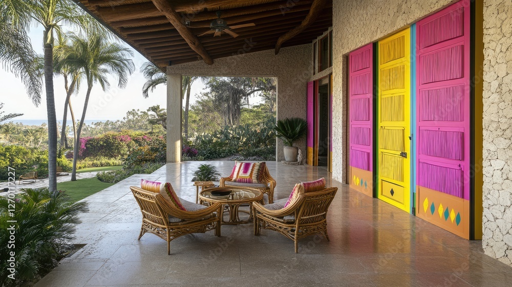 Fototapeta premium A tropical-style front porch with palm trees, rattan furniture, and a brightly colored entrance door