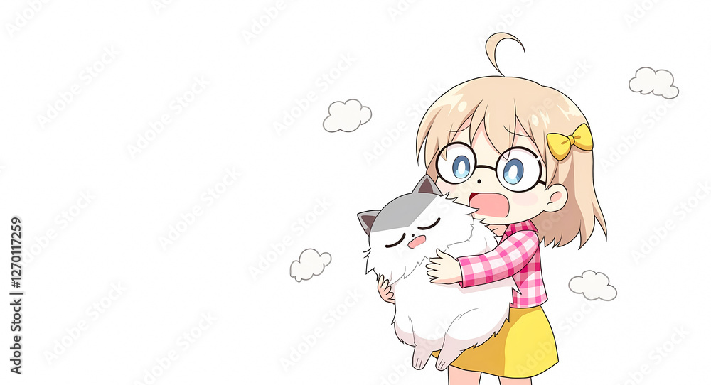 Obraz premium cheerful girl lovingly embraces a fluffy white and gray cat.