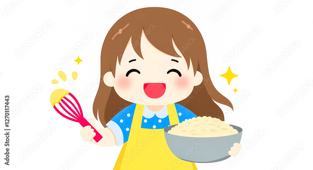 happy girl in a yellow apron joyfully holds a bowl of batter and a whisk happy girl in a yellow apron joyfully holds a bowl of batter and a whisk