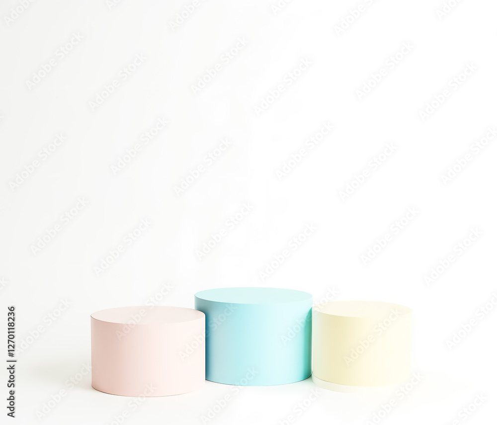 three pastel-colored cylinders arranged on a white background three pastel-colored cylinders arranged on a white background
