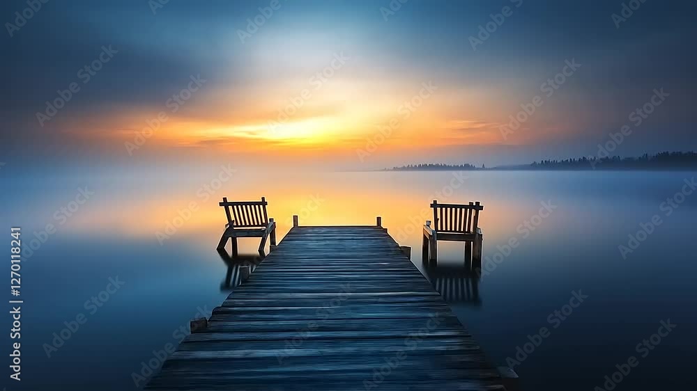 Serene wooden dock at sunrise with two chairs overlooking a tranquil lake and distant horizon Serene wooden dock at sunrise with two chairs overlooking a tranquil lake and distant horizon