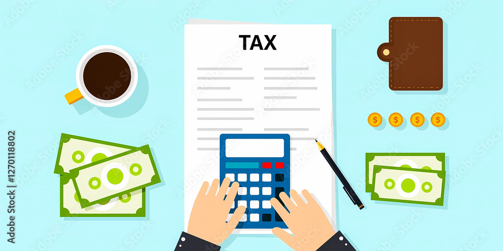 Fototapeta premium hands using calculator on tax form with money and pen