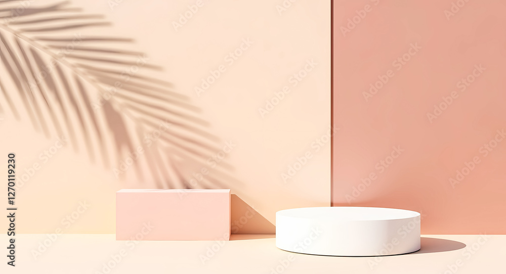 two display platforms with palm leaf shadow against a pastel wall two display platforms with palm leaf shadow against a pastel wall